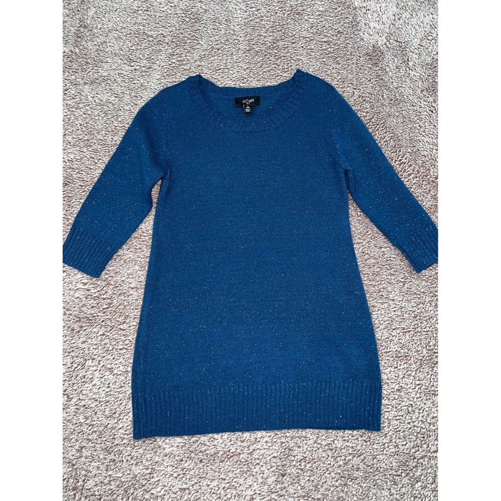 In Girl Girls Size 14 Teal Blue Sparkle Metallic Knit Tunic Sweater 3/4 Sleeve